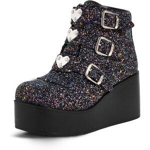 Lucky Step Women's Black Glitter Ankle Boots Round Toe Zipper Wedges High Heel